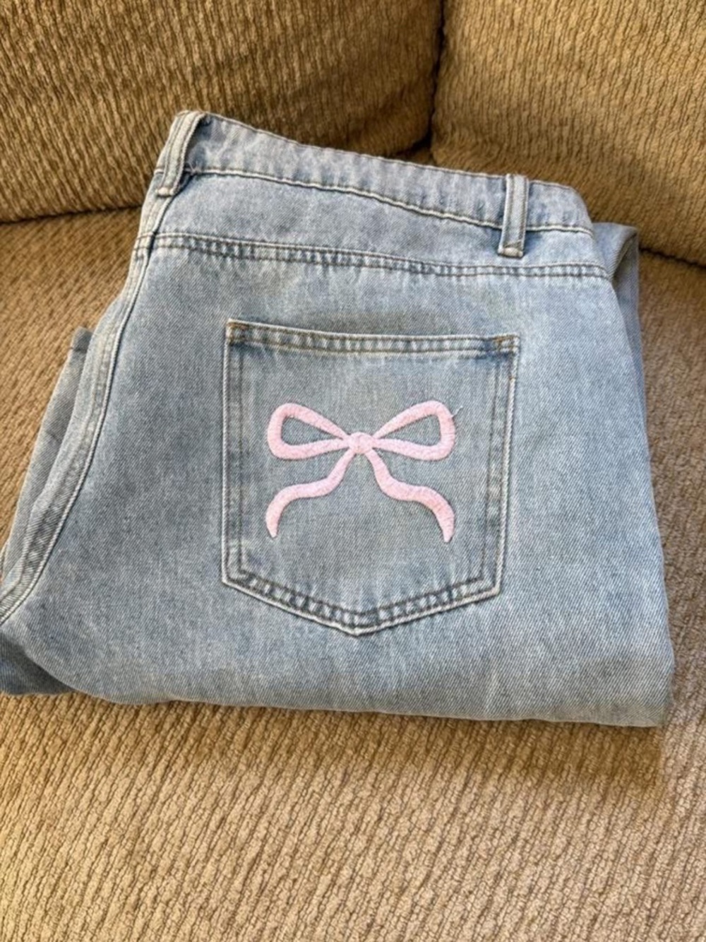 Edikted Light Blue Boot Cut Jeans with Pink Bow Pocket Embroidery